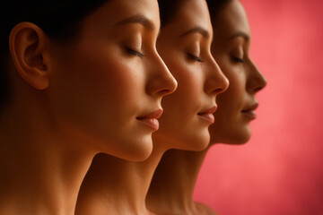 Side Profile of Three Serene Women Against Pink Background