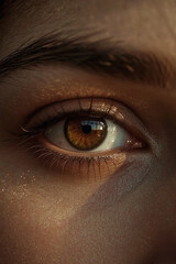 Cinematic Close-Up of Human Eye with Golden Brown Iris and Natural Skin Texture in Warm Light – Hyper-Realistic Macro Photography