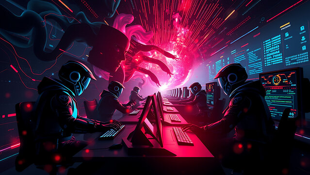 Futuristic Cyber Security Team - Digital Era Concept with Red and Blue Neon Lights for Tech Backgrounds and Cybersecurity Visualization