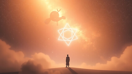 Surreal Cosmic Landscape with Figure, Star, and Celestial Elements for Dreamy Wall Art, Fantasy Book Covers, or Spiritual Concept Illustrations