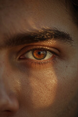 Hyper-Realistic Macro Photo of Male Eye with Amber Iris, Skin Pores, Stubble, and Natural Lighting – Detailed Facial Texture Close-Up