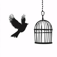 A symbolic silhouette of a bird flying away from an open cage, representing freedom, escape, and independence on a white background..