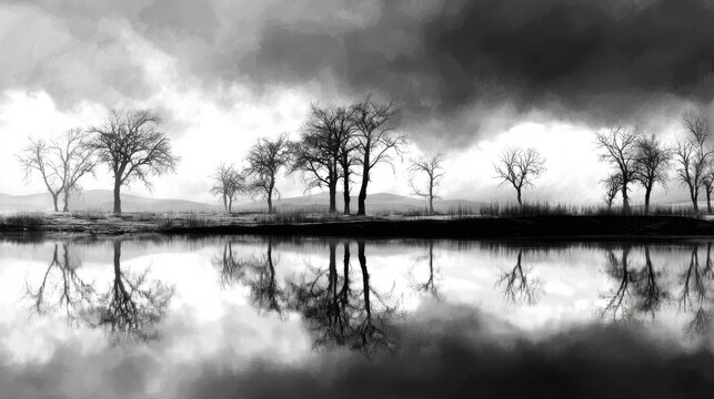 Dramatic black and white landscape featuring bare trees against a cloudy sky evoking solitude and reflection : Generative AI