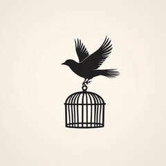 A symbolic silhouette of a bird flying away from an open cage, representing freedom, escape, and independence on a white background..