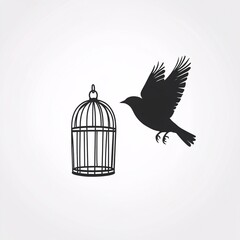 A symbolic silhouette of a bird flying away from an open cage, representing freedom, escape, and independence on a white background..
