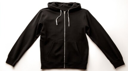 Plain black zip hoodie photographed flat with arms slightly bent inward, isolated on white, studio-ready