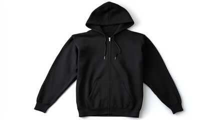 Plain black zip hoodie photographed flat with arms slightly bent inward, isolated on white, studio-ready