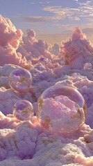 Dreamy clouds, floating spheres, soft colors. Sky reflecting