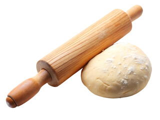 Wooden rolling pin resting on raw dough dusted with flour isolated on a transparent background baking,PNG