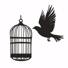 A symbolic silhouette of a bird flying away from an open cage, representing freedom, escape, and independence on a white background..