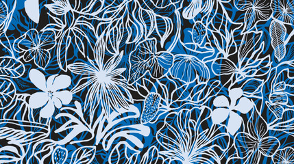A bold hand drawn brush lines botanical pattern in white and blue outlines on a black background, showcasing an intricate mix of flowers and leaves.Simple abstract natural elements for textile