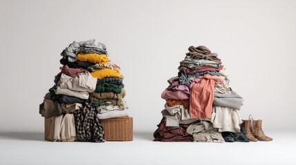 Two vibrant piles of clothes frame the white backdrop, showcasing donations and recycling efforts for a cleaner wardrobe.