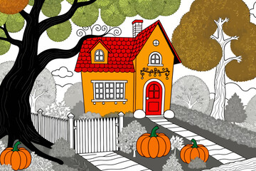 Autumn Charm-Whimsical House with Pumpkins and Colorful Trees-Festive Fall Illustration-Halloween Season Art-Cozy Home Scene-Seasonal Decor Image