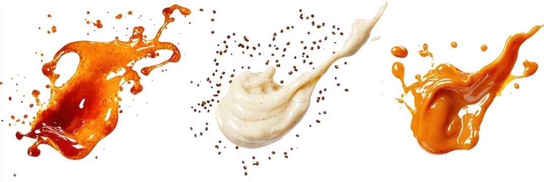 Cutout of set of 3 fiery mid-air collisions of peri-peri sauce and tahini sauce, isolated on a PNG transparent background