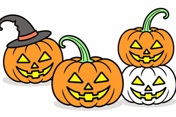 Cartoon Halloween Pumpkins-Jack-o'-Lanterns with Funny Faces-Festive Holiday Decorations-Spooky Season Graphics-Kids Coloring Page Idea-Autumn Harvest Celebration