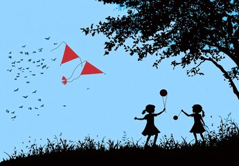 Silhouette of joyful children flying kites, playing with balloons and balls in a scenic park with trees and leaves blowing in the wind.