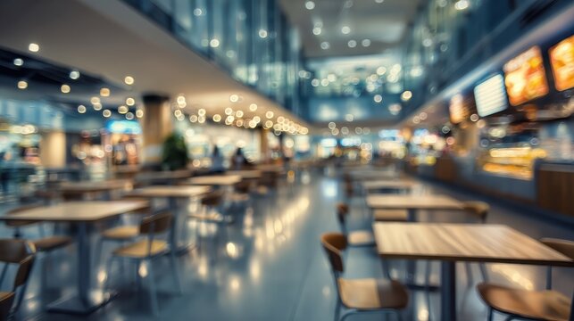 Bright And Fashionable Interior Of Food Court In Modern Department Store: Abstract Blurred Inside View Of Shop Cafe In Shopping Mall.