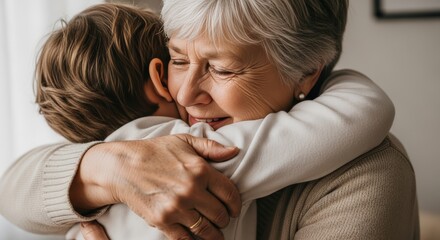 A tight hug between a grandmother and her grandchild
