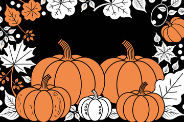 Naklejka premium Festive Pumpkin Patch Illustration- Whimsical Autumn Decor with Pumpkins and Leaves- Perfect for Fall Crafts and Halloween Designs- Seasonal Greetings
