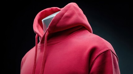 Side view of a red pullover hoodie displayed on a mannequin, isolated background