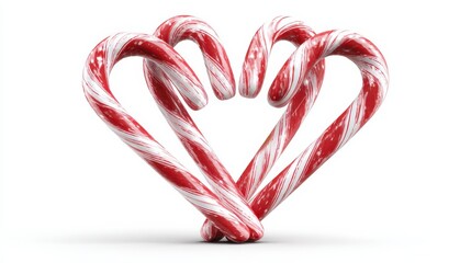 Two red and white candy canes crossed to form a heart shape, representing love and holiday cheer. Isolated on white