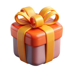 A festive 3d rendered gift box with a bright orange lid and a soft purple base tied with a golden ribbon and bow isolated on transparent background