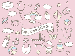 Welcome Baby Girl! Fun cute pattern of kids colorful stickers, icons. Hand drawn doodles sketch children's elements. Сhildren's draw style design elements