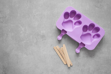Silicone molds for homemade popsicles and dog treats on a concrete background