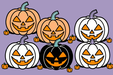 Halloween Pumpkin Patch Illustration - Fun Spooky Jack-o'-Lanterns in Orange White and Black - Festive Seasonal Art - Perfect for Holiday Decorations and Crafts