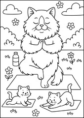 Anthropomorphic Animals, coloring page,  A relaxed Ragdoll cat demonstrating yoga poses in a peaceful garden. Surrounded by yoga mats, water bottles, tiny kittens imitating poses, and flowers.