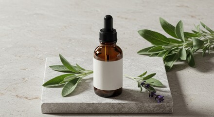 Amber Dropper Bottle Mockup with Customizable Label on Stone Surface with Sage Leaves