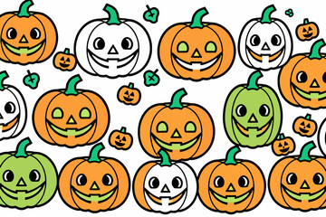 Fototapeta premium Halloween Pumpkin Pattern- Cute Smiling Jack O Lanterns Illustration- Holiday Themed Background- Orange Green and White Festive Design