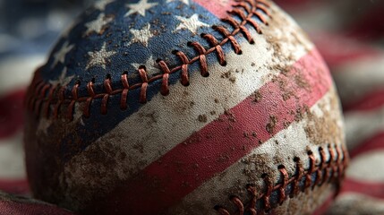 Close-up of baseball with American flag pattern and texture