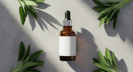 Amber Dropper Bottle Mockup with Customizable Label on Stone Surface with Sage Leaves