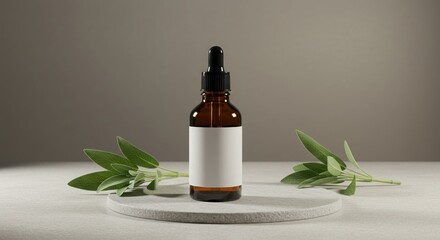 Amber Dropper Bottle Mockup with Customizable Label on Stone Surface with Sage Leaves