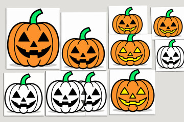 Halloween Pumpkins Collection- Variety of Jack-o'-Lantern Faces- Orange and White Pumpkins- Festive Halloween Decor- Spooky Season- Perfect for Crafts and Decorations