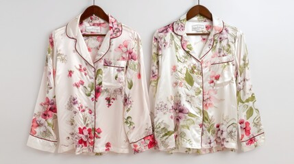 Silk pajama set with floral print, front and back views, hanging on padded hangers, white background, luxurious feel