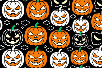 Halloween Pumpkins Seamless Pattern-Jack O Lantern Vector Background-Festive Autumn Design with Smiling and Spooky Pumpkins-Halloween Wallpaper-Party Decoration Idea