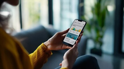 Woman using mobile for online banking and investment data analysis at home - Powered by Adobe