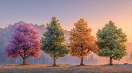 Naklejka premium Four trees in harmony, a colorful nature backdrop for creative projects and digital art