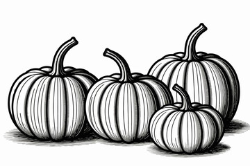 Line Art Pumpkins Illustration- Monochromatic Autumn Harvest Clipart- Black and White Pumpkin Patch Design- Fall Season Graphics for Crafts and Decor