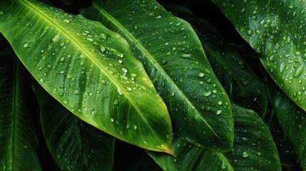 2410_061.lush tropical foliage close-up, vibrant green banana leaves with water droplets, rainforest flora macro photography, glossy leaf textures, natural pattern background, high contrast botanical