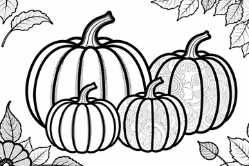 Pumpkins and Leaves Coloring Page for Autumn Fun - Detailed Pumpkin Illustration for Kids and Adults - Printable Fall Coloring Activity Sheet - Relaxing Thanksgiving Craft