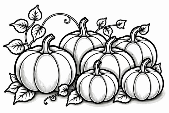 Pumpkin Patch Outline-Fall Harvest Line Art-Black and White Pumpkin Illustration-Autumn Coloring Page-Simple Pumpkin Design-Harvest Season Clipart-Monochrome Pumpkins