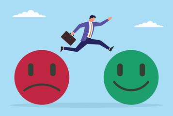 Vector illustration of a businessman jumping from a sad icon to a happy icon, symbolizing how customer feedback drives positive change and improves overall satisfaction
