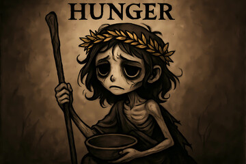 Art illustration: cartoon girl in the image of hunger. The theme is the four horsemen of the apocalypse