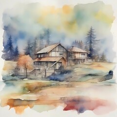 Artistic illustration in watercolor design: casual landscape with a house in pastel shades