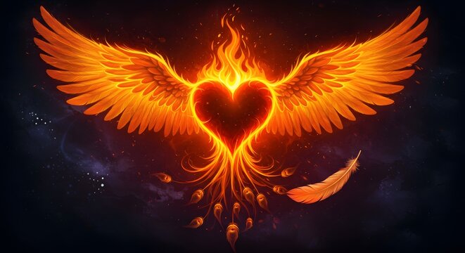 Fiery Heart with Wings: A fiery heart ablaze, adorned with majestic wings, takes flight amidst a cosmic backdrop of swirling stardust and falling feathers. This symbol of passion, resilience.