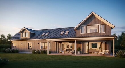 Obraz premium Home Exterior View with Covered Patio and Green Lawn at Dusk