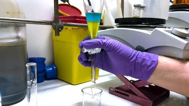 Separation of organic layer and water layer in separating funnel in a chemistry lab for education purpose. Effervescent of carbon dioxide bubble in organic layer. 4K scientific background concept.